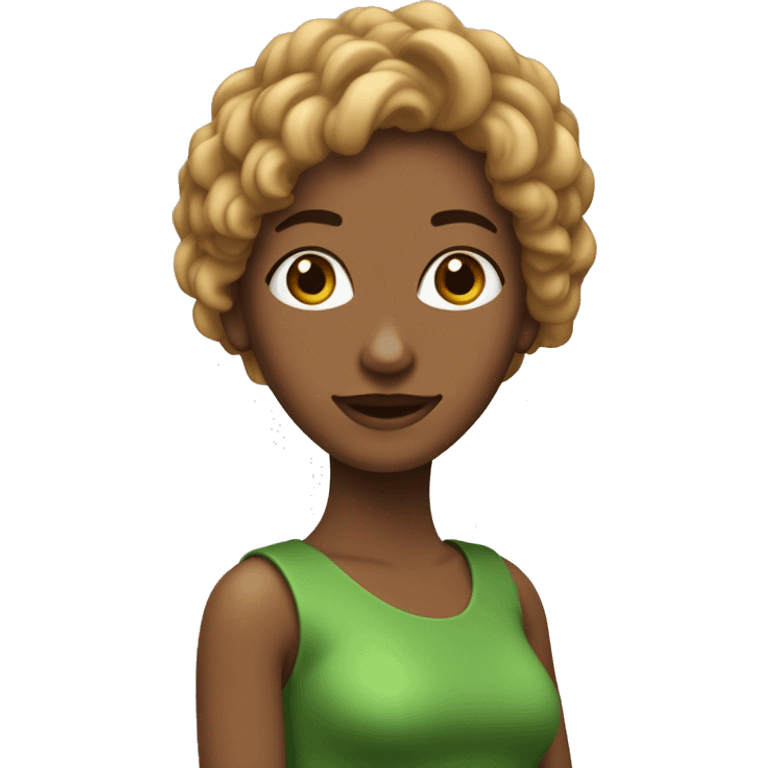 crea un avatar de una mujer de pelo castaño claro largo un poco ondulado cojos verdes y pecas  emoji