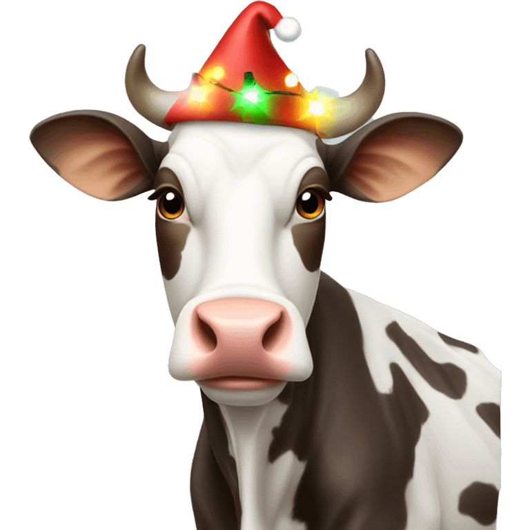 Cow wearing Christmas lights and hat emoji