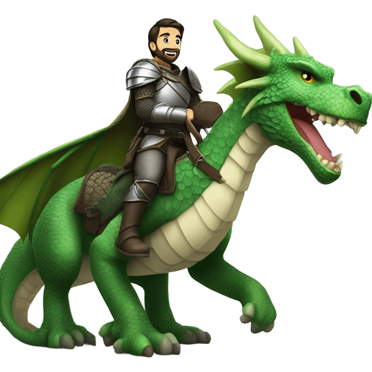 Confident armored White Man with dark brown hair and a short beard riding on the back of a giant green dragon emoji