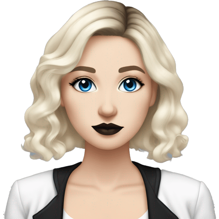 Slavic adult woman, goth eyes makeup, pink lips, blue eyes, medium bob black-to-blonde ombre wavy hair, white T-shirt and black office jacket. emoji