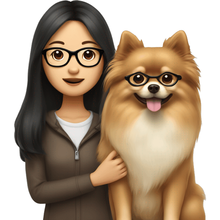 asian girl with long dark brown hair, glasses with thin frameholding a beige Pomeranian dog emoji