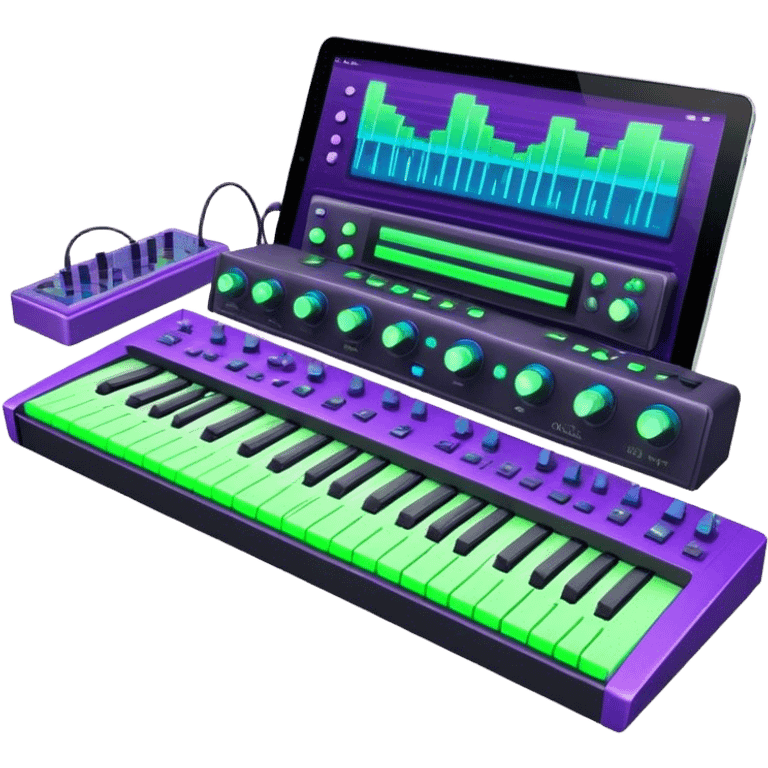 Create a creative and technical emoji that represents sound design. The design should feature a sound mixing console, audio waveforms, and sound effects icons (like a reverb or delay knob) to symbolize the manipulation and crafting of sound. Add elements like a synthesizer or audio interface to reflect the electronic aspect of sound creation. Use colors like neon green, blue, or purple to represent the innovative and experimental nature of sound design. The background should be transparent. emoji