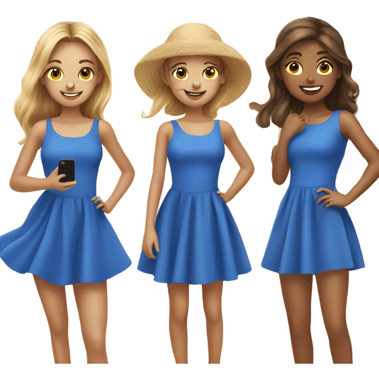 girls in blue dresses selfie on beach emoji