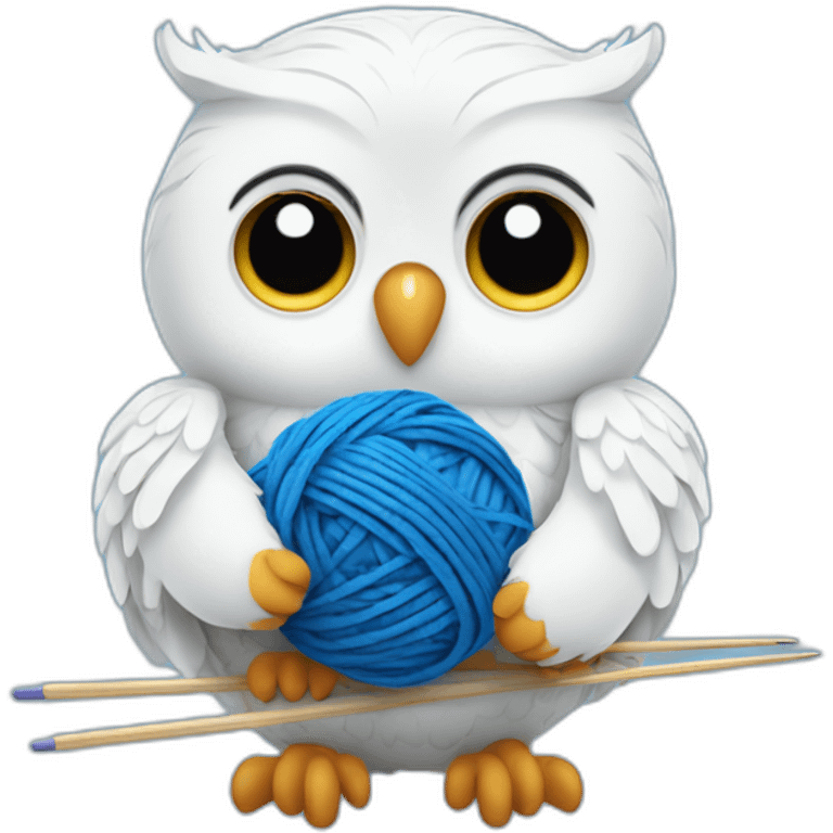 White Owl holding blue yarn ball and knitting needles emoji