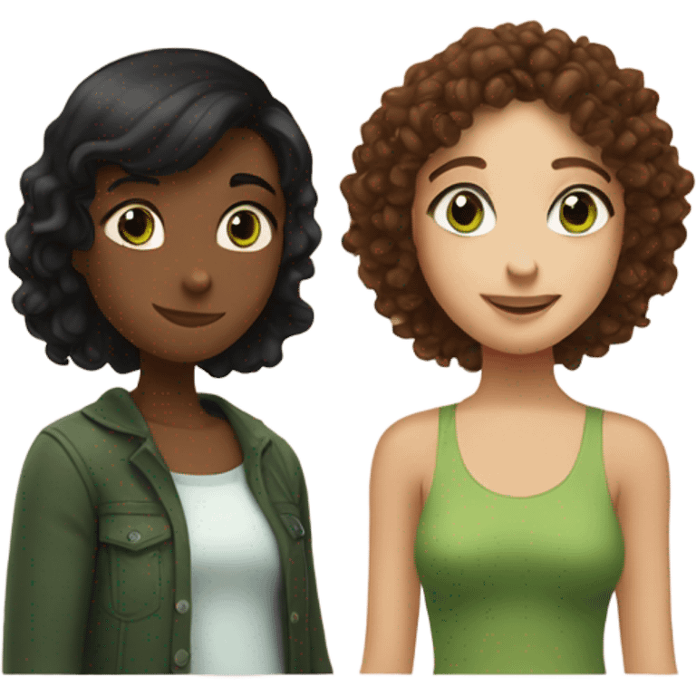 two hugging friends. one has black straight hair, the other has brown and curly hair, green eyes. Their names are Alisa and Alina emoji