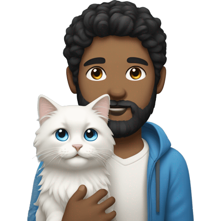 man with black hair, a beard and blue eyes holding a white Siberian cat emoji