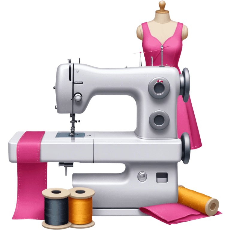 Sewing icon, sewing machine with thread, visible needle, spools of thread, fabric pieces cut according to patterns, measuring tape, pins, scissors, and dresses on mannequins, minimalistic style, clean lines, transparent background. emoji