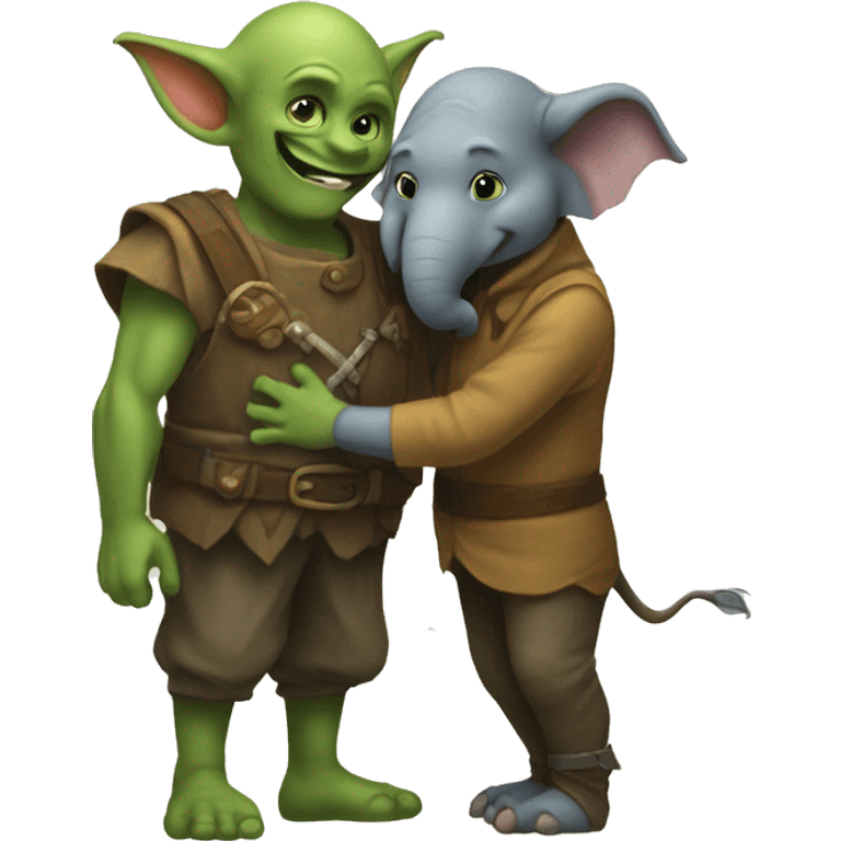 a goblin and an elephant hugging  emoji