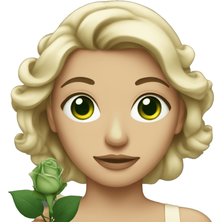 Green eyed woman holding rose emoji