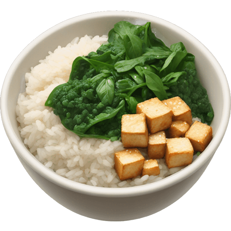 a bowl with white rice and crispy sesame tofu and spinach emoji