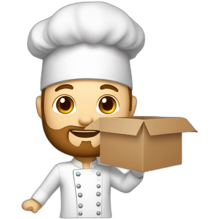 A CHEF WITH A SURPRISE BOX full of vegetables with no hat chef and a beard white skin emoji