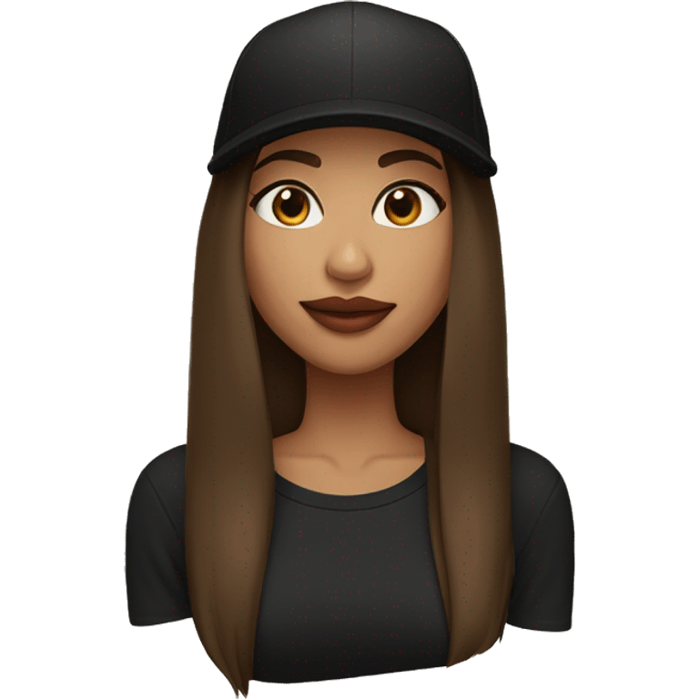 A beautiful woman wearing a black cap and black sweatshirt, big lips, brown straight long hair.  emoji