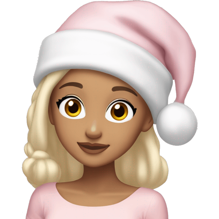 Ariana grande in a light pink christmas outfit wearing a light pink and white christmas hat with short light cold blonde hair emoji