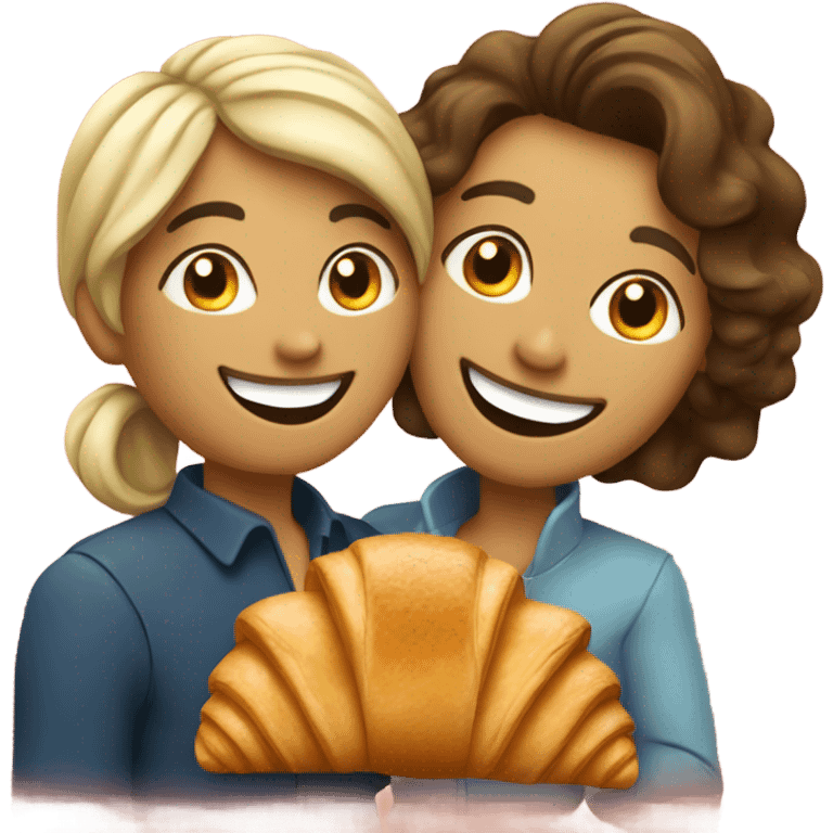 a happy woman and a man are friends and holding a croissant emoji