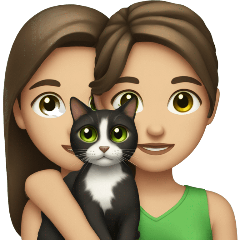 Brown hair and brown eyes girl holding black cat with green eyes emoji