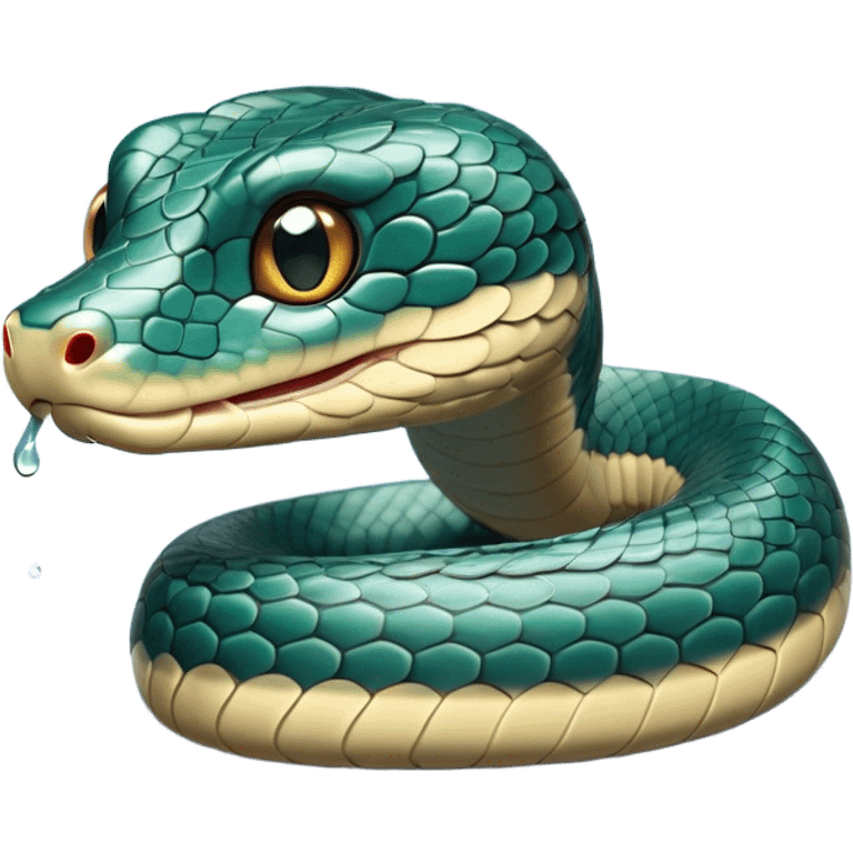 Cinematic Cute Chinese Water Snake Portrait Emoji, Head tilted playfully and inquisitively, with a compact, lithe form and a smooth, shimmering coat in subtle aquatic hues, round, sparkling eyes filled with curious fluidity, Simplified yet irresistibly adorable features, highly detailed, glowing with a warm, friendly glow, high shine, affectionate and agile, stylized with a touch of aquatic whimsy, soft glowing outline, capturing the essence of a mischievous yet loving water snake that feels like it could slither out of the screen into your arms! emoji