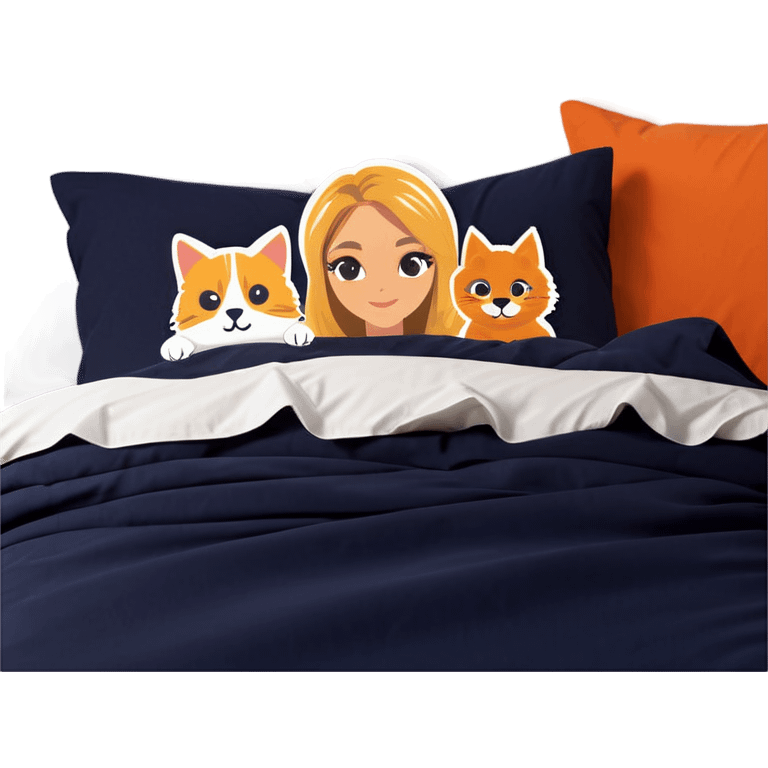 Blonde woman in bed  with a dark, gray cat and orange cat and a golden retriever emoji