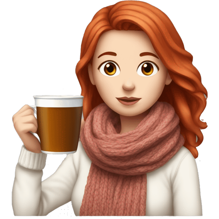 White girl red hair in a white sweater and scarf sipping tea  emoji