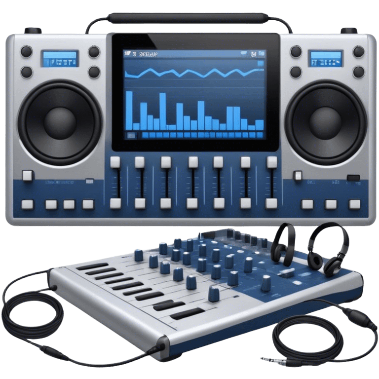 Create a professional and technical emoji that represents sound engineering. The design should feature a sound mixing console with faders, a pair of studio headphones, and audio waveforms to symbolize the precision and technicality of sound mixing and mastering. Include elements like a microphone or audio cables to reflect the recording aspect. Use colors like silver, black, and dark blue to represent the technical, yet artistic side of sound engineering. The background should be transparent. emoji