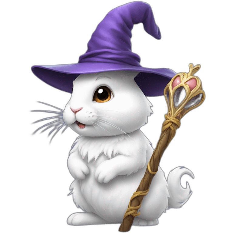 A side profile of a white rabbit wearing a wizard hat and holding a staff emoji