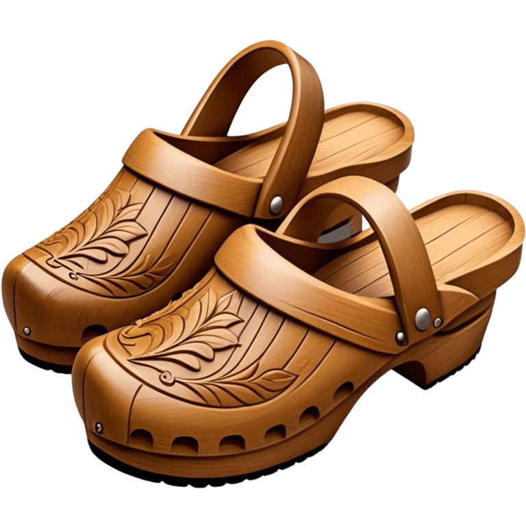 Cinematic Realistic Wooden Clogs Emoji, depicted as a pair of traditionally carved wooden clogs with intricate details and rustic charm. emoji