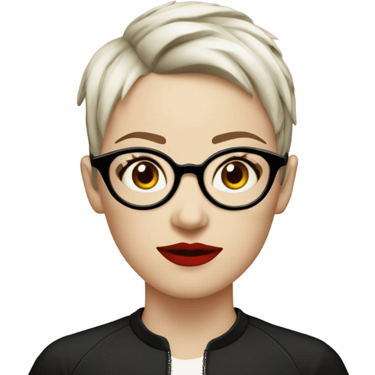 white girl with red and black short emo hair short on only one side round face and rounded glasses rounded nose and rounded lips emoji