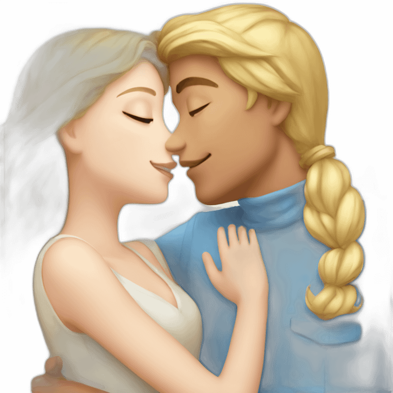 A blond boy with blue eyes who kisses a pretty blonde girl with blues eyes,  with a heart above their heads  emoji