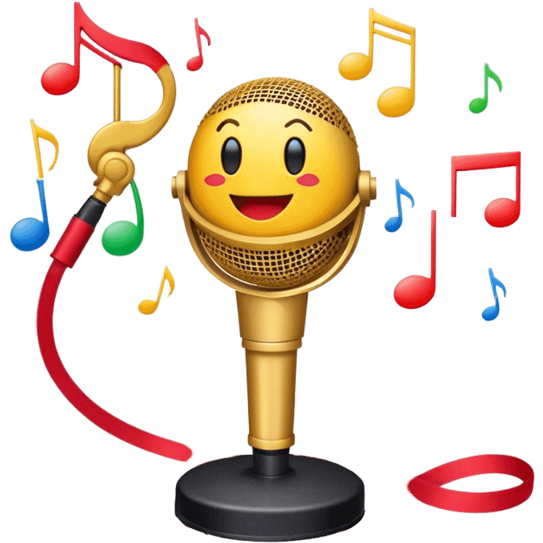 Create a vibrant and dynamic emoji that represents pop vocal performance without people. The design should feature a close-up of a classic stage microphone (retro-style) with a lanyard, set against a stage background. Add concert lighting, a celebratory salute of confetti or fireworks in the background, and musical notes forming a ribbon, symbolizing the performance and creativity of pop vocals. Include subtle elements like a formal stage costume to emphasize the professional aspect. Use bright, bold colors like gold, red, and neon to reflect the energetic and glamorous nature of pop vocal performance. The background should be transparent. emoji