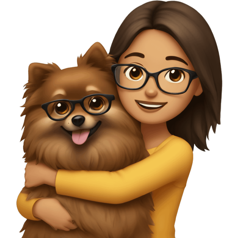 Hispanic Brown haired girl with glasses hugging  brown Pomeranian  emoji