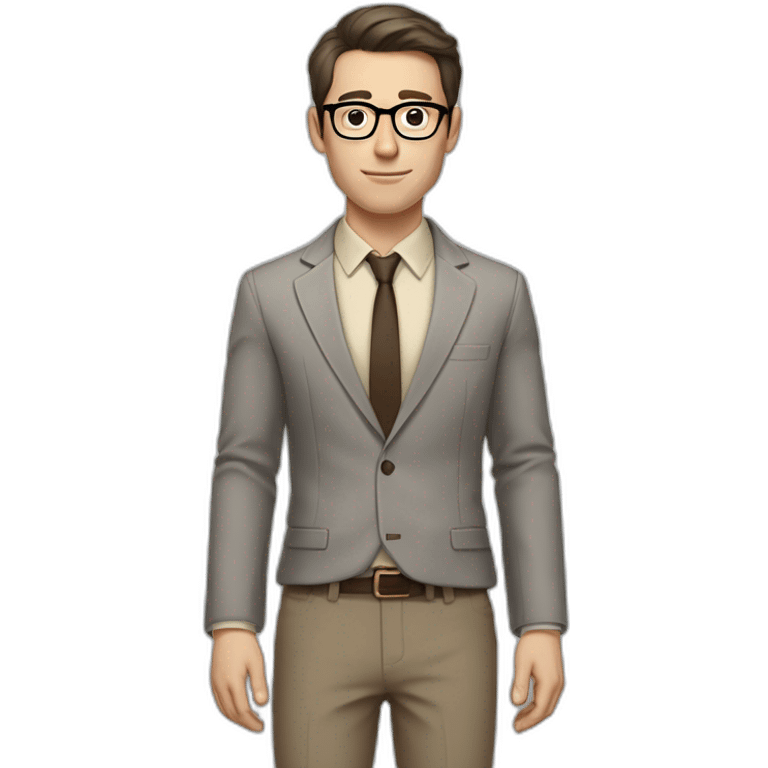 Full height Pale skinned fit man with dark brown hair in gray jacket, beige office shirt, brown tie, brown pants and vintage glasses. His right hand stretched out emoji