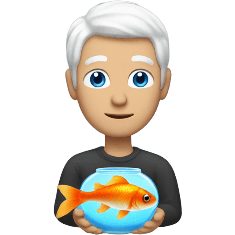 Man with white hair and blue eyes holding a goldfish emoji