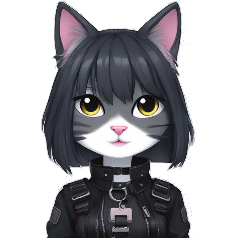 Gorgeous edgy epic punk gothic dark techwear anime style anthro cat with blushing face aesthetic and pretty edgy black with collar and harness trending style emoji