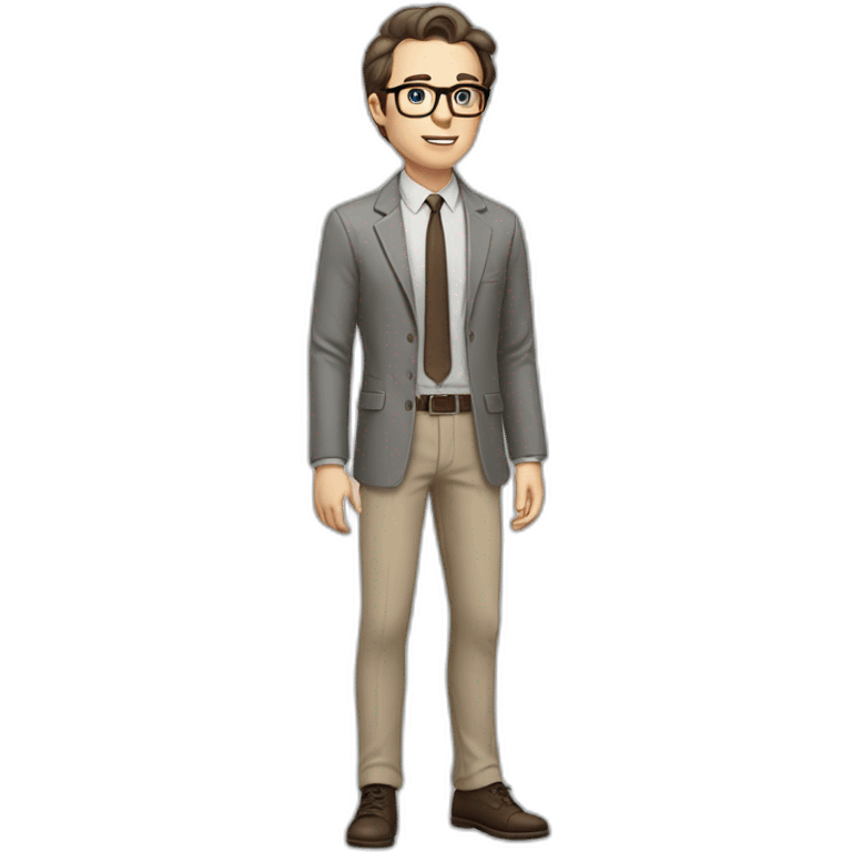 Full height Actively Gesturing Pale skinned fit man with dark brown hair in gray jacket, beige office shirt, brown tie, brown pants and vintage glasses. emoji