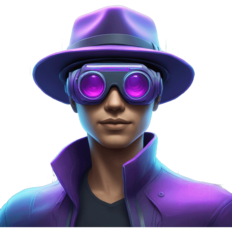 Secret human agent in a hat with  cyberpunk elements in VR googles scanning looking reviewing multicolor lines of code, cyan and purple colors, only upper body portrait emoji