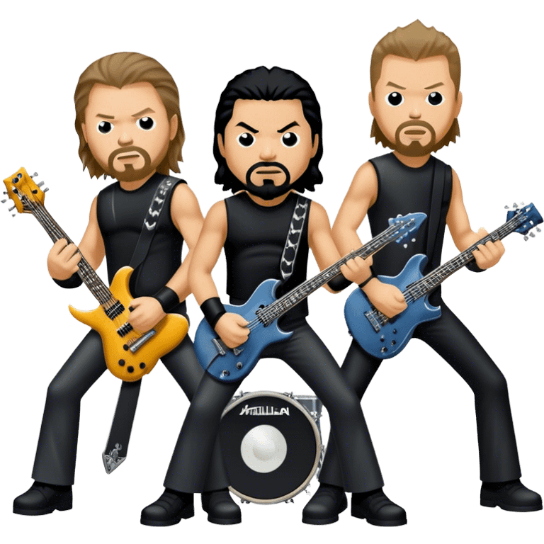 Icon for Metal Music: Metallica four band members detailed in their signature look. James Hetfield with guitar, Lars Ulrich on drums, Kirk Hammett with his electric guitar, and Robert Trujillo playing bass. Bold, energetic style, all in a heavy metal aesthetic. Transparent background. emoji