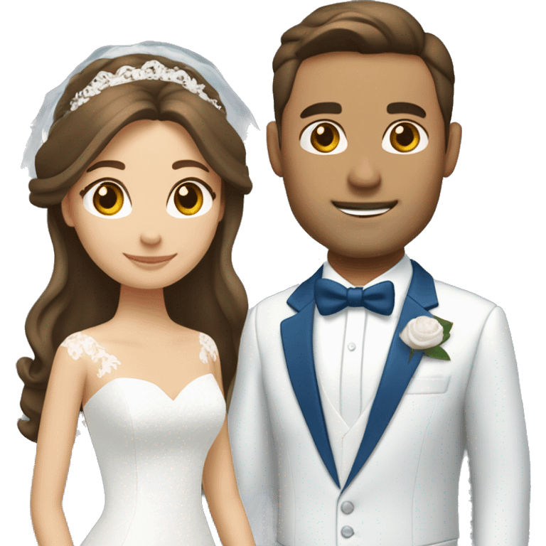 Wedding couple. Bride has brown hair half up. She wears white dress. She has brown eyes. Groom has blue suit and white tie. He has br own hair..  emoji