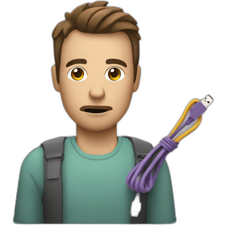 Man holding a snapped USB cable. Unhappy emoji