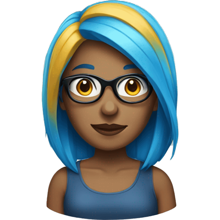 A woman with blue hair and square grey glases emoji