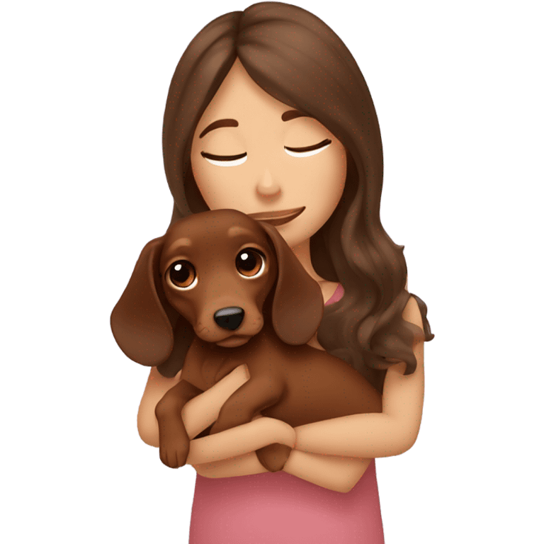 Brown long wavy hair girl cuddling a small brown dachshund emoji