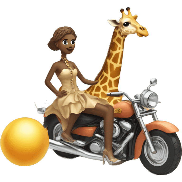 A giraffe wearing a ball gown riding a motorcycle at the beach into a sandcastle  emoji