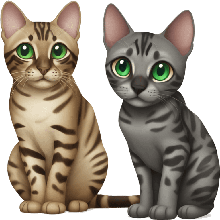 Seal Bengal CAT with Blue eyes with a charcoal Sepia bengal cat with Green eyes sitting  emoji