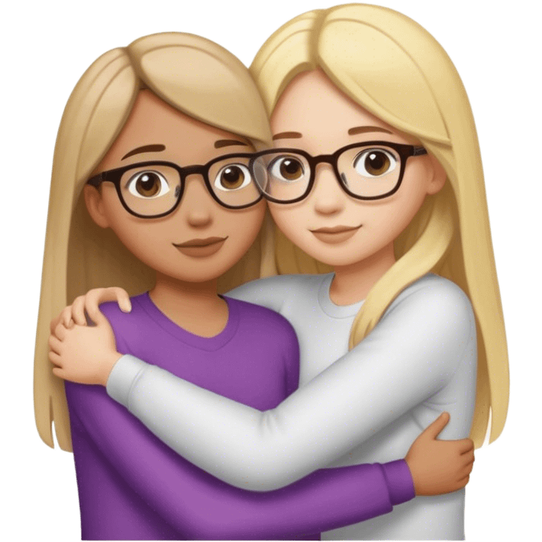 Girl with short straight brown hair hugging her best friend, a girl with long blonde hair. Both wears eyeglasses emoji