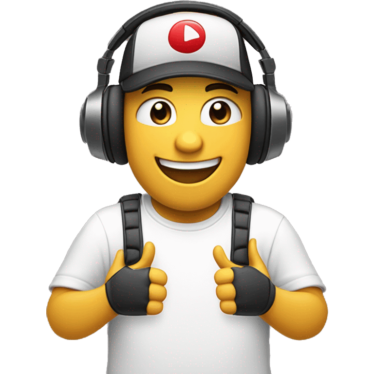 An emoji of a gamer wearing large headphones and a backward baseball cap, laughing with an open mouth. The eyes are closed from laughter, and one hand is raised, giving a thumbs-up gesture. The background is simple and non-distracting. emoji