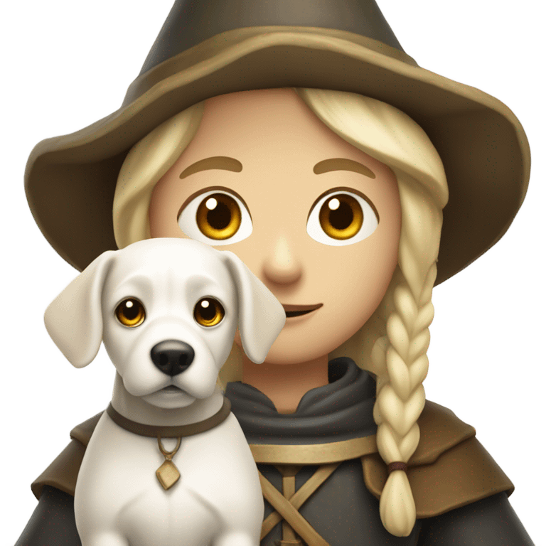 young medieval pilgrim with hat and blond hair and white little dog emoji