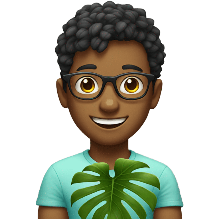 smiling boy with glasses holding variegated monstera emoji