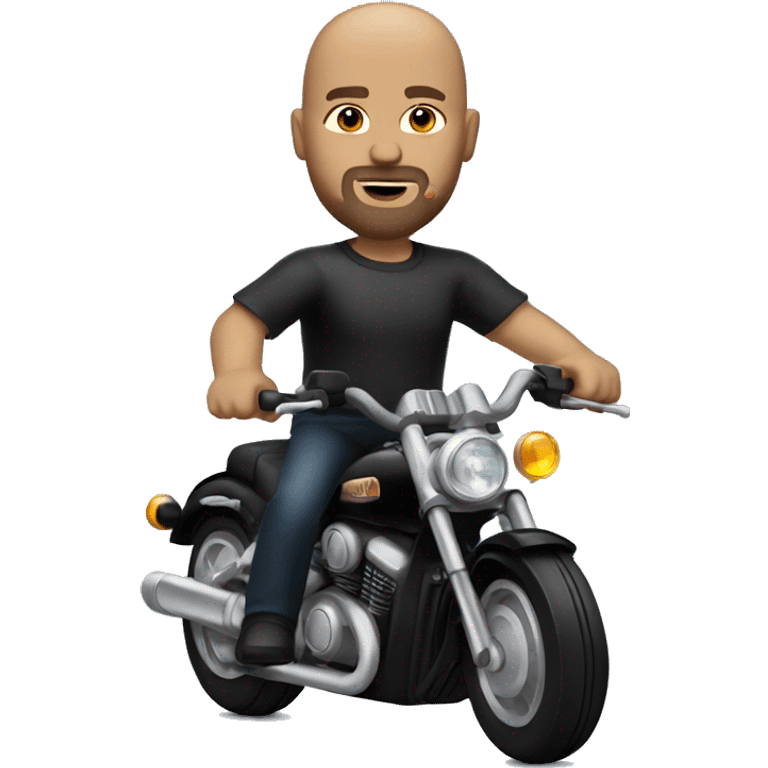 Bald headed white man with goatee riding on a black motorcycle  emoji