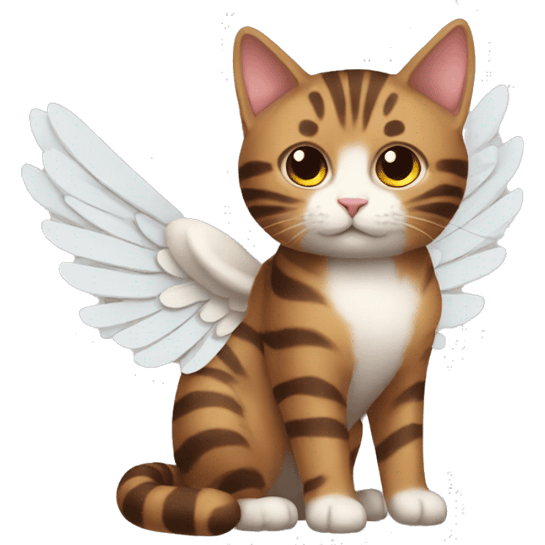 An adult and brown striped cat with angel’s wings emoji