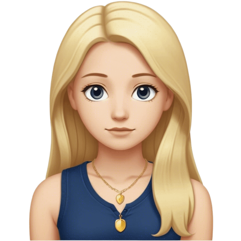 College white girl with long blonde hair straightened with a middle part. She is wearing a sleeveless navy blue Henley shirt with a small dainty girly gold necklace emoji