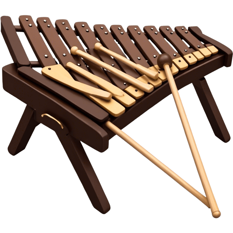 Create a detailed and professional emoji representing a Fleet FLT-SX37 orchestral wooden xylophone. The design should showcase the large, wooden bars of the xylophone arranged in a traditional layout, with a polished, smooth finish. The bars should be dark brown or mahogany, with soft metallic reflections on the resonators underneath. Include two mallets with rubber or wooden heads resting on the bars, emphasizing their role in striking the notes. The xylophone should have a sophisticated and professional appearance, with clean lines and a polished look. Add subtle musical notes or sound waves to represent the vibrant sound produced by the instrument. The background should be transparent. emoji