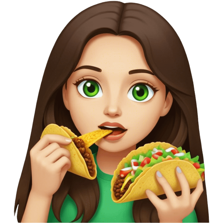 Long haired brunette girl with green eyes eating a taco emoji